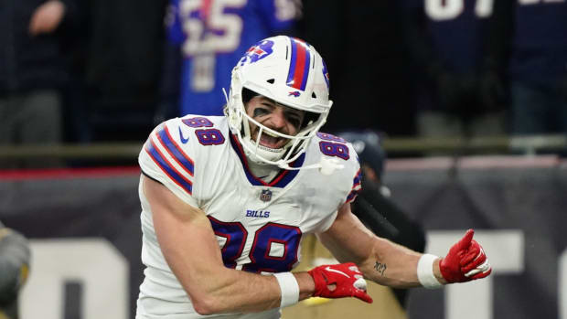 Dec 26, 2021; Foxborough, Massachusetts, USA; Buffalo Bills tight end Dawson Knox (88) reacts after scoring against the New England Patriots in the second half at Gillette Stadium. Mandatory Credit: David Butler II-USA TODAY Sports